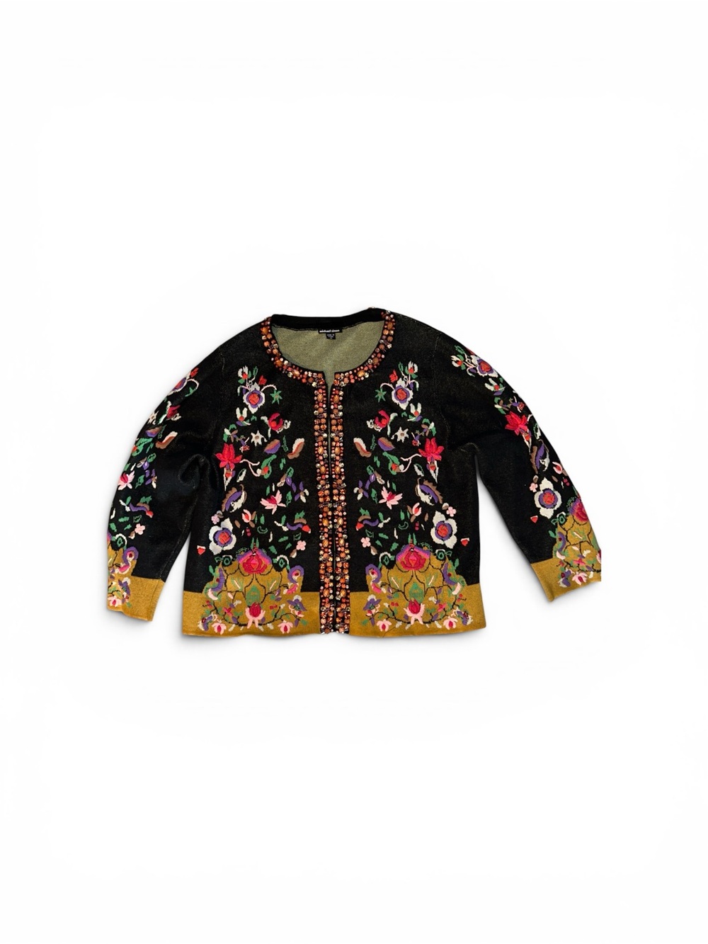 Y2K Michael Simon Black Embroidered Beaded Floral Cardigan with Mustard Trim 2X